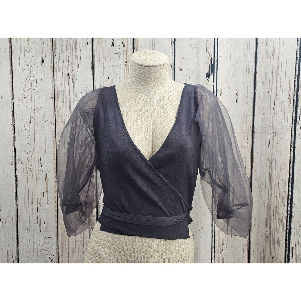 Zara Womens S Sheer‎ Puff Sleeve Wrap Tie Cropped Top Blouse Shirt Gray EUC
